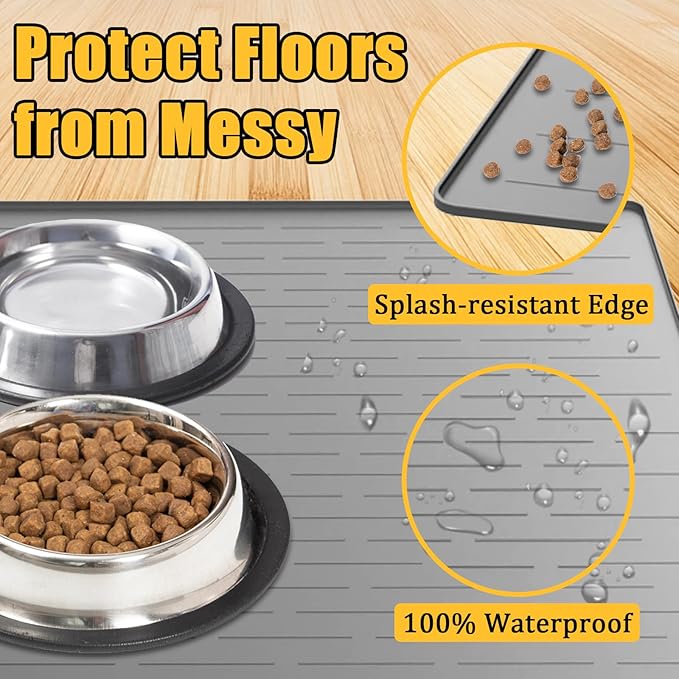 31.8"x23.8" Large Dog Mat for Food and Water, XL Silicone Pet Feeding Mats, Waterproof Dog Bowl Mat with High Edges to Prevent Water and Food Spills, Light Gray - Image 5
