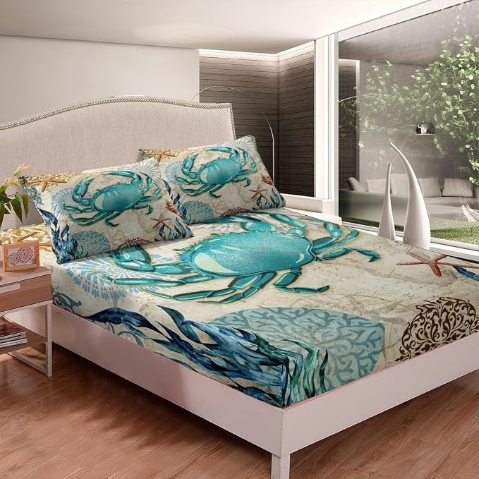 Beach Theme Bedding Set Kids Beach Crabs Print King 4 Piece Sheet Set 3D Crab Luxury Microfiber Bed Sheets Set (1 Fitted Sheet, 1 Flat Sheet, 2 Pillowcases)Soft Cute Marine Life Decorative Bedding - Image 4