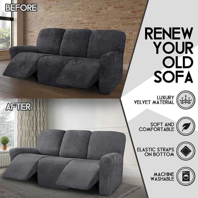 ULTICOR Velvet 8-Pieces Recliner Sofa Covers Stretch Reclining Couch Covers for 3 Cushion Reclining Sofa Slipcovers Furniture Covers Thick Soft Washable (3 Seater Recliner Cover, Dark Gray) - Image 5