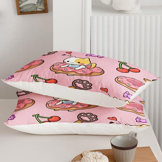 QOOMO Kawaii Cat Comforter Full Size,Doughnut Cherry Cat Comforter Set for Kids Teens Girls,3Pcs Bedding Set Printed Comforter with 2 Pillowcases,Soft and Lightweight(Pink，Full Size) - Image 6
