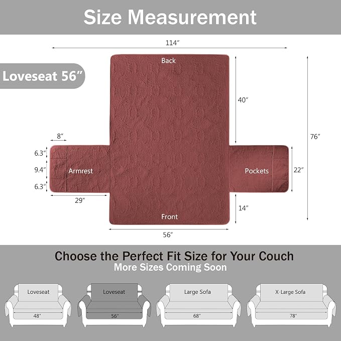 Red Loveseat Covers 2 Cushion Couch, Water-Repellent Sofa Cover for Love Seat, Washable Quilted Couch Covers, Pet Friendly Sofa Slipcovers (Loveseat 56", Red) - Image 6