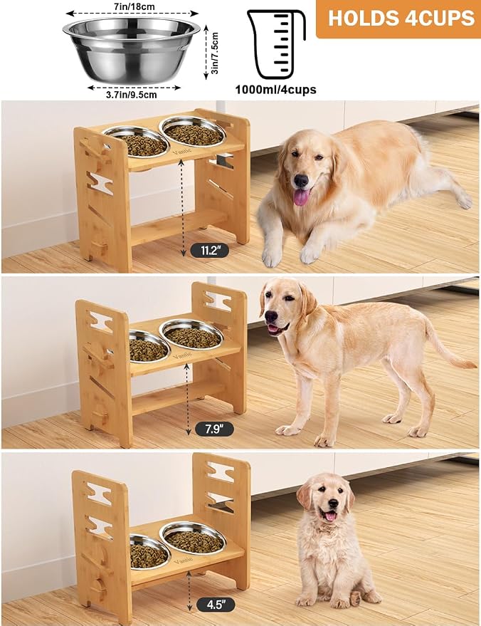 Vantic Elevated Dog Bowls, Raised Dog Bowl Stand Adjustable Medium, Natural | Bamboo Elevated Feeder with 2 Stainless Steel Bowls, Adjustable Height Stand for Medium Dogs - Image 2