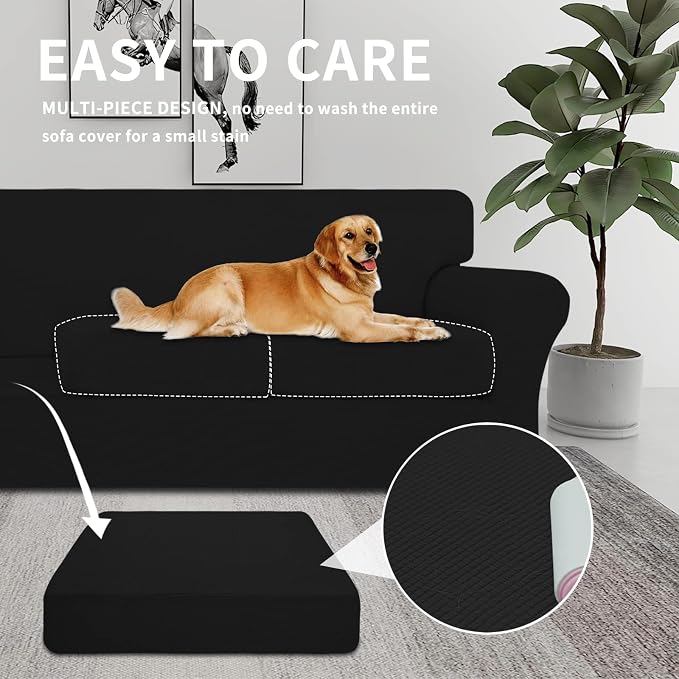 Easy-Going 3 Pieces Stretch Oversized Loveseat Couch Cover for 2 Cushion Couch Sofa Cover for Dogs Washable Sofa Slipcover Elastic Furniture Protector for Pets (Black, Oversized Loveseat) - Image 3