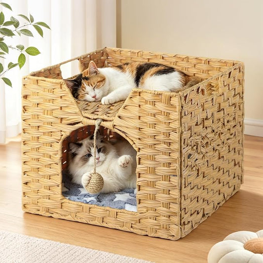 Handwoven Rattan Cat Bed Indoor Kitten, Cat Bed Cave with Cushion, Sisal Ball & S-Shaped Hooks, Foldable Hideaway Cat House for Bedroom Living Room, Natural by %E2%80%8B%E2%80%8BPawCozy%E2%80%8B%E2%80%8B