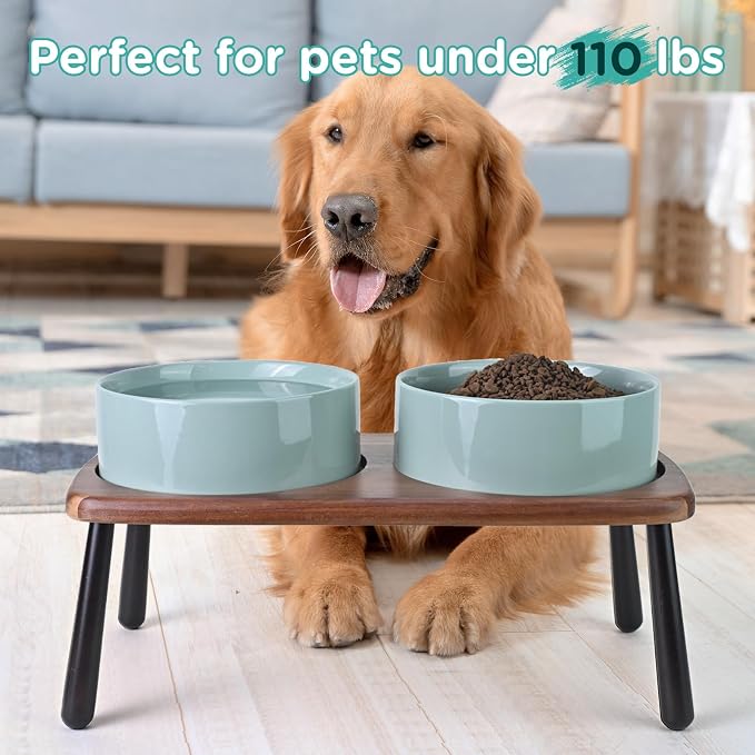 SPUNKYJUNKY Ceramic Elevated Dog Bowls Raised with Acacia Bamboo Wooden Stand, 8.3'' Dog Food Water Bowls Set Non-Slip for Medium Large Sized Breed Microwave Dishwasher Safe - 60 OZ,Light Green - Image 7