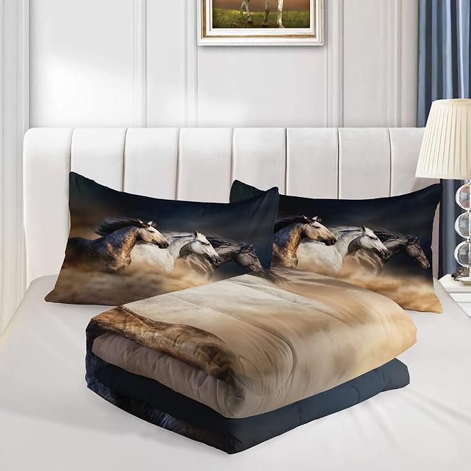 QOOMO Horse Comforter Twin Size,Galloping Horse Comforter Set for Kids Teens Girls Boys,3Pcs Bedding Set Printed Comforter with 2 Pillowcases,Soft and Lightweight，Twin Size - Image 3