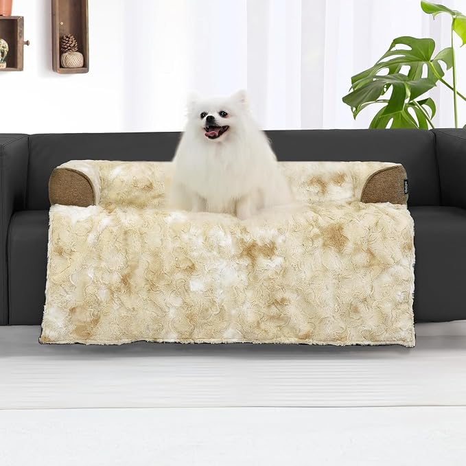 Calming Dog Couch Bed for Medium Dogs/Cats, 35 x 31 inch Waterproof Removable Dog Mat Couch Cover for Furniture Protector, Non-Slip Fluffy blunique Pet Bed for Couch, Sofa - Tie-Dye Khaki by blunique