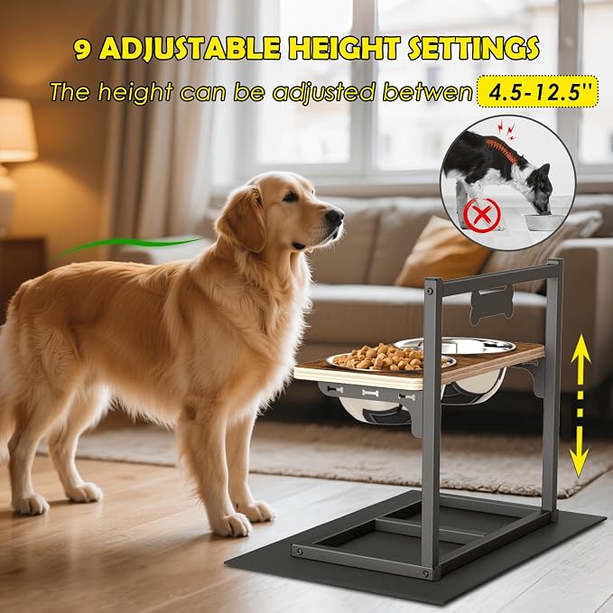 ADENGL Elevated Dog Bowls with Slow Feeder - 9 Heights Adjustable Raised Dog Bowl Stand with Two 1.7L Stainless Steel Dog Food Bowls & Slow Feeder and a Nonslip Pad, Perfect for Medium Large Breed - Image 2