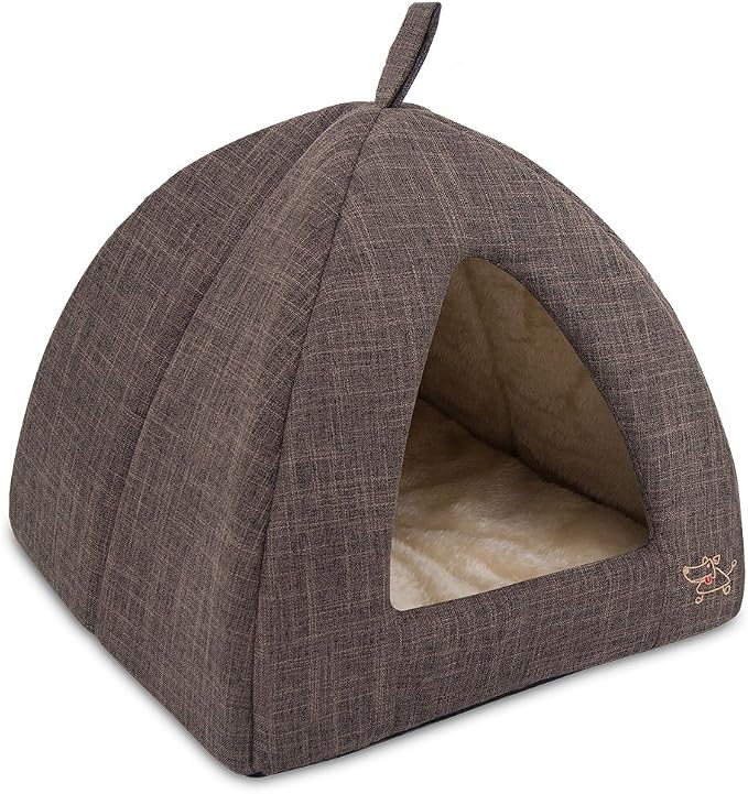 Best Pet Supplies Cat Bed for Indoor Cat, Domed Tent House with Removable Pillow, Covered Cat Cave for Small Dog, Puppies and All Breeds of Cats - Brown Linen, 19 x 19 x H:19" by BestPetSuppliesLLC