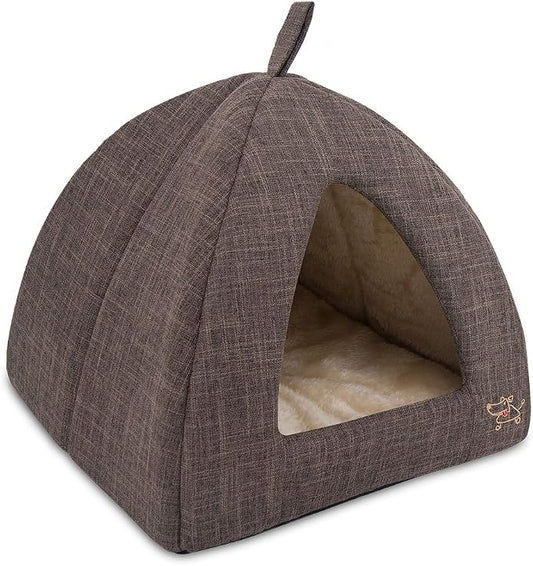 Best Pet Supplies Cat Bed for Indoor Cat, Domed Tent House with Removable Pillow, Covered Cat Cave for Small Dog, Puppies and All Breeds of Cats - Brown Linen, 19 x 19 x H:19" by BestPetSuppliesLLC
