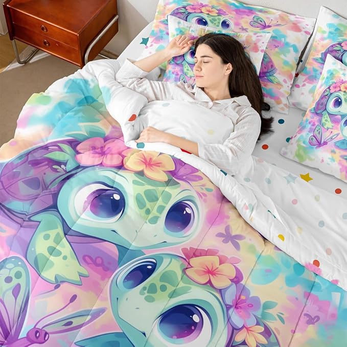 Erosebridal Kids Sea Turtle 7-Piece Bedding Set King Size, Marine Life Tortoise Comforter Set with Sheets, Watercolour Florals and Butterfly Bed in A Bag, Dreamy Aesthetic Bedding Comforter Sets - Image 7