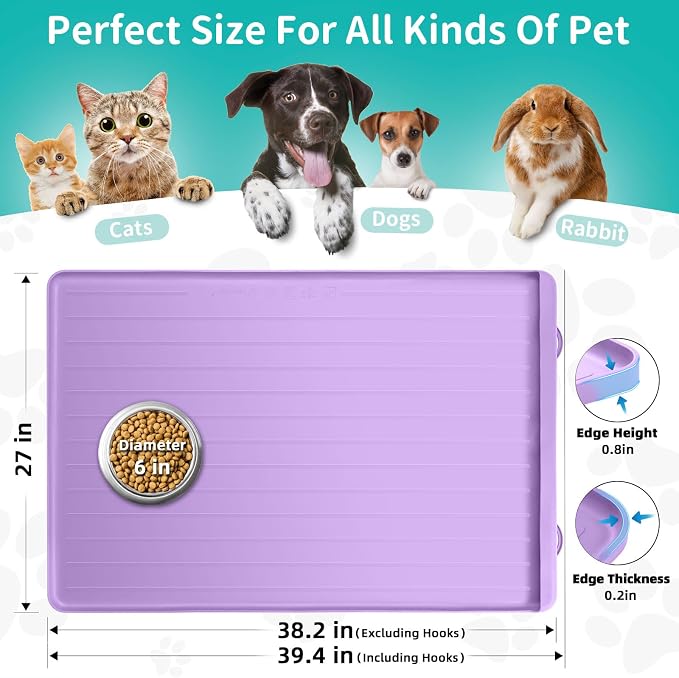 Cat Mat for Food and Water - 39.4" x 27" Thickened Large Dog Food Mat | Waterproof Pet Bowl Mat with Residue Collection Pocket and High Edges to Prevent Water and Food Spills - Purple - Image 2