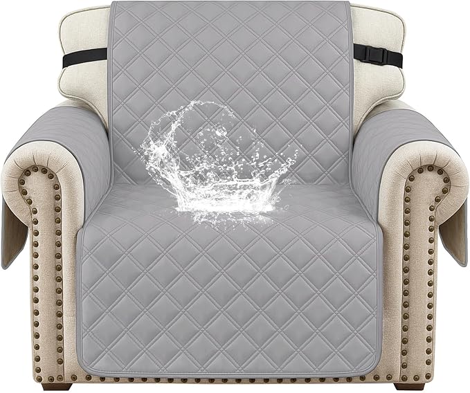 Waterproof Chair Covers for Living Room, Sofa Covers for Pets Washable with Side Pockets, Non Slip Couch Covers for Dogs, Quilted Dog Couch Cover with Elastic Straps (Armchair, Light Grey) by CYCMACOHOME