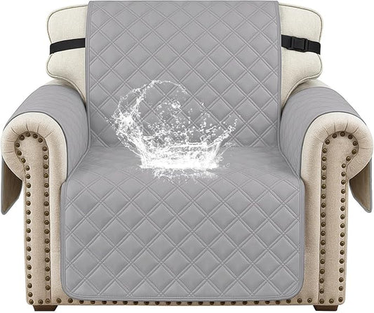 Waterproof Chair Covers for Living Room, Sofa Covers for Pets Washable with Side Pockets, Non Slip Couch Covers for Dogs, Quilted Dog Couch Cover with Elastic Straps (Armchair, Light Grey) by CYCMACOHOME