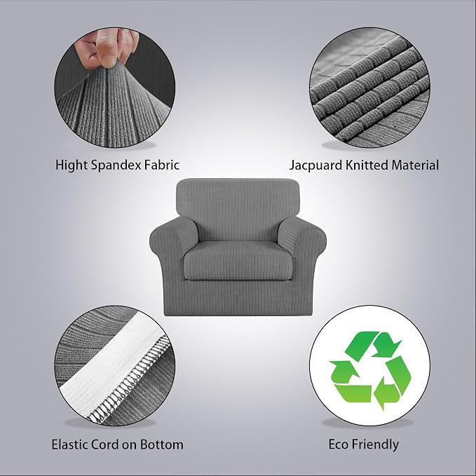 Armchair Cover Stretching Skid Resistance Couch Cover for Pets Washable, Thick and Durable Soft High Spandex Striped Pattern Sofa Covers, Form Fitted Chair Slipcover(Armchair, Light Gray) - Image 2