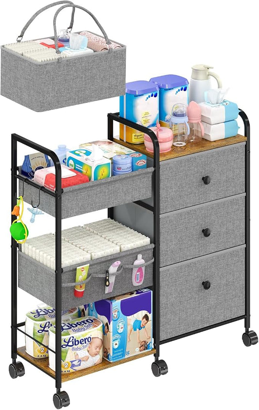 Cidaziya 2In1 Baby Diaper Caddy Organizer and Storage, 3 Tier Rolling Cart with Dividers and Drawers, Mobile Utility Cart Baby Dresser Clothes Organizer for Changing Table, Crib Nursery, Bedroom, Grey by Cidaziya