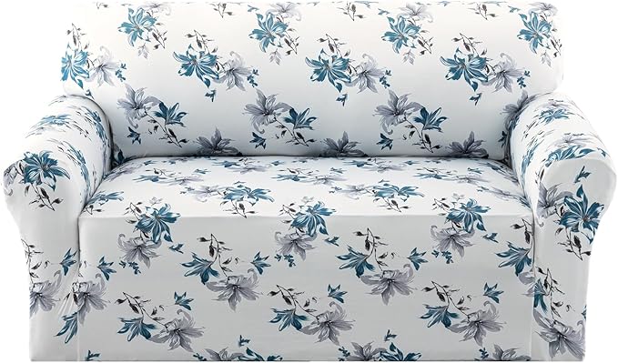 H.VERSAILTEX Floral Pattern Love Seat Covers for 2 Cushion Couch Stretch Sofa Covers Super Soft Fabric Couch Cover for Dogs Washable(Vintage Petal-Blue,Loveseat) by HVERSAILTEX
