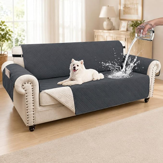 100% Waterproof Couch Cover for Dogs, Washable Anti-Slip Sofa Cover with Elastic Straps & Side Pockets, Quilted Furniture Protector for Kids & Pets (3 Cushion 68", Grey) by Unknown