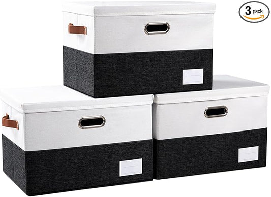 PRANDOM Foldable Storage Bins with Lids [3-Pack] Fabric Collapsible Storage Boxes Baskets Cubes Containers with Handles for Closet Living Room Bedroom (Black & White 17.7x11.8x11.8'') by Prandom