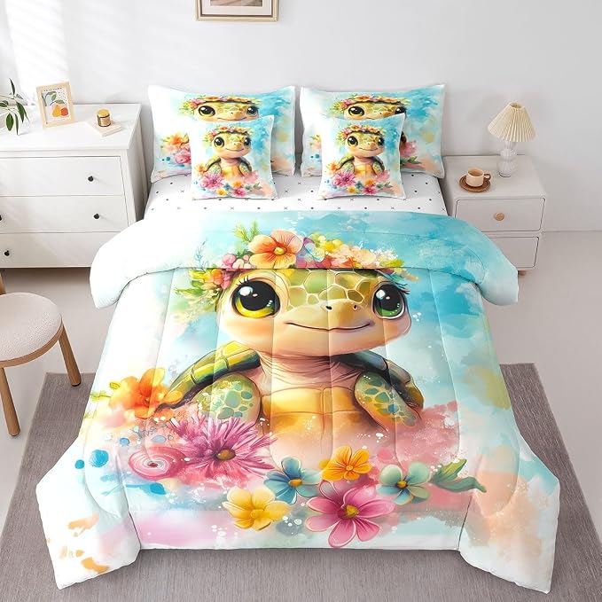 Erosebridal Kids Sea Turtle King Size 7-Piece Bedding Set, Marine Life Tortoise Bed in A Bag, Summer Blue Coastal Comforter Set with Sheets, Colourful Florals Bedding Comforter Sets - Image 3