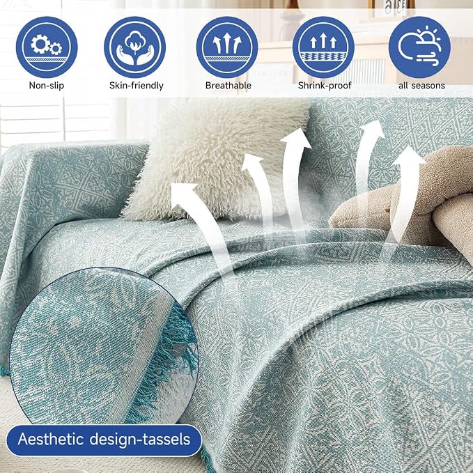ROOMLIFE Blue Couch Cover Boho Sofa Covers for 3 Cushion Couch Washable, Furniture Protector Sofa Couch Cover for Dogs, Soft Breathable Sofa Slipcover, Couch Throw Blankets with Tassels 71''X134'' - Image 3