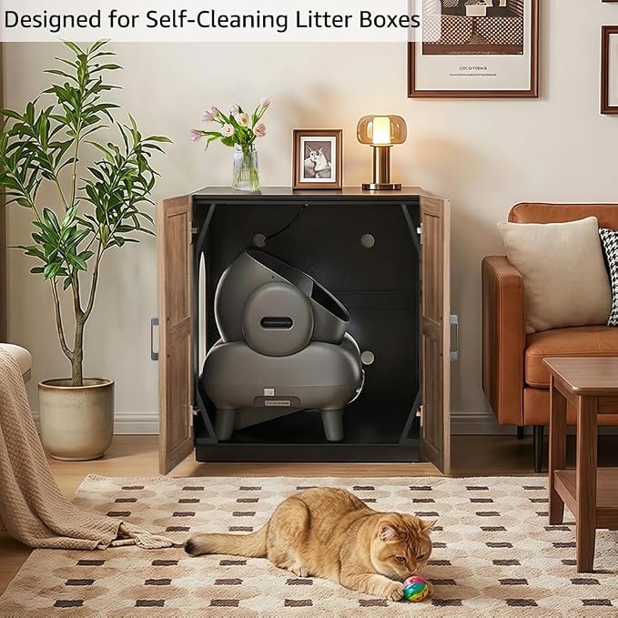 unipaws Cat Litter Box Enclosure for Self-Cleaning & Automatic Litter Boxes | Extra Large Cabinet with Charging Station, Wooden Dog Proof Hidden Cat House for Top Entry Litter Box - Image 2