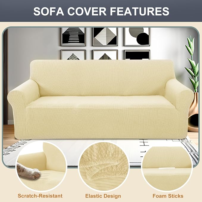 Stretch loveseat Covers Washable Sofa Slipcover, Beige | 1 Piece Couch Covers for Sofa Furniture Protector with Non Skid Foam and Elastic Bottom for Kids, Dogs - Image 2