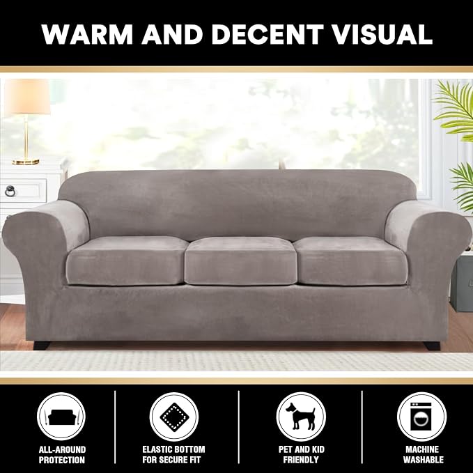 PrinceDeco Velvet XL Couch Cover for Oversized Sofa 4 Piece Sofa Covers for 3 Cushion Couch Washable Furniture Protector with Non Slip Elastic Bottom Width Up to 97 Inch(X-Large, Taupe) - Image 7