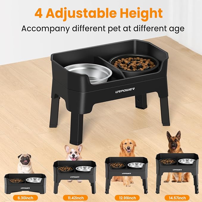 URPOWER 3-in-1 Elevated Dog Bowls with Slow Feeder & Licking Plate | 4 Height Adjustable Raised Stand with 2 Stainless Steel Food Bowls & Licking Plate for Small, Medium & Large Dogs - Image 3