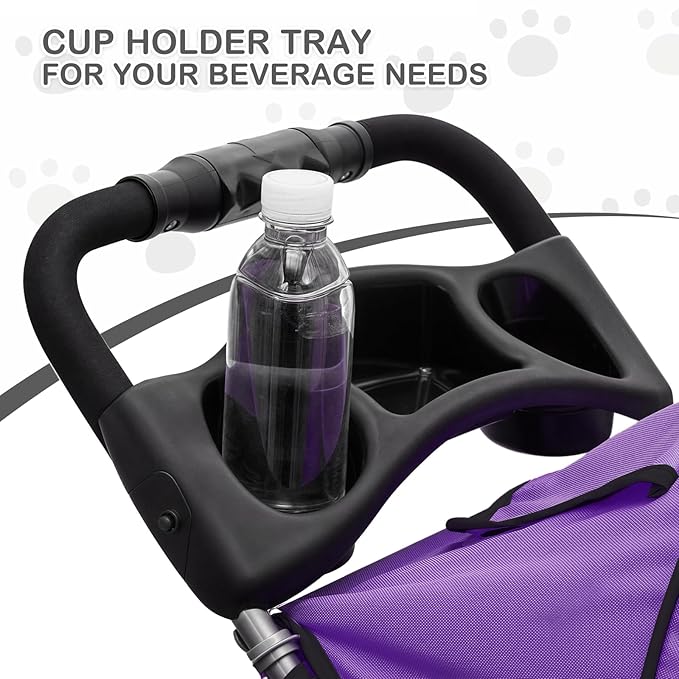MoNiBloom 3 Wheels Pet Dog Cat Stroller for Small Medium Dogs Cats, Lightweight Foldable Jogger Stroller w/Storage Basket and Cup Holder, Purple