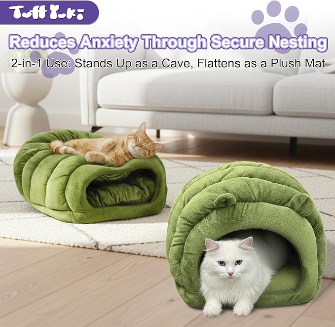 Cat Cave Bed, Orthopedic Memory Foam Anti Anxiety Cat Bed for Indoor Cats, Cozy Plush Caterpillar Tunnel Cat Bed, Non Slip Pet Bed Fits Cats Up to 15 lbs, Green - Image 2