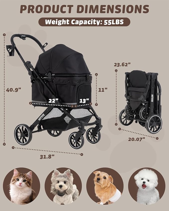 HITTITE Pet Stroller with Weatherproof Cover, All-Terrain 4-Wheel Cat & Dog Stroller with Adjustable Canopy, Foldable Dog Strollers with Storage Basket for Small to Medium Dogs Up to 55 lbs.