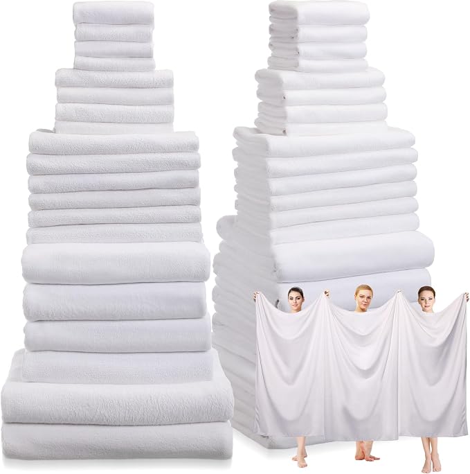 Mixweer 24 Piece White Microfiber Absorbent Towel Set: 2 Oversized Bath Sheets, 4 Bath Towels, 6 Hand, 8 Washcloths, 4 Fingertip for Bathroom Spa Gym Camping Beach by Mixweer