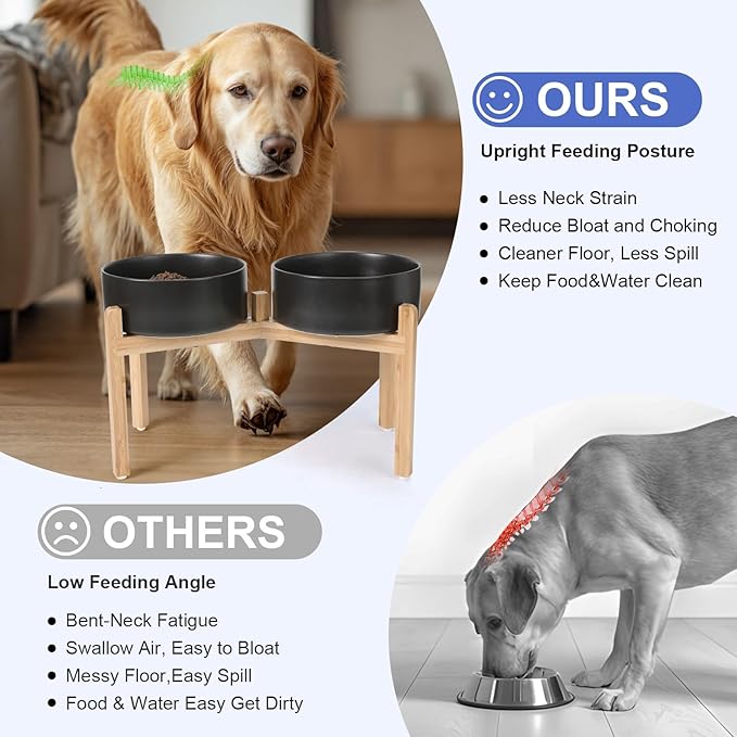 SPUNKYJUNKY Elevated Dog Bowls Ceramic, 8.3'' Dogs Food Water Bowls Raised with Non-Slip Bamboo Stand for Large Sized Breed Microwave Dishwasher Safe - 60 OZ,Black - Image 3