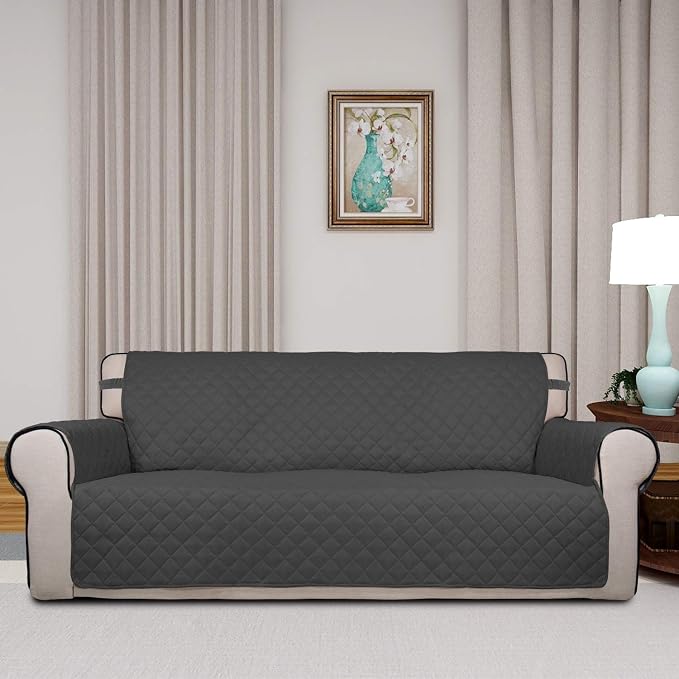 PureFit Reversible Quilted Sofa Cover, Water Resistant Slipcover Furniture Protector, Washable Couch Cover with Non Slip Foam and Elastic Straps for Kids, Pets (X Large, Dark Gray/Beige) | Dark Gray/Beige, Water Resistant Couch Protector, Washable Pet ... - Image 2