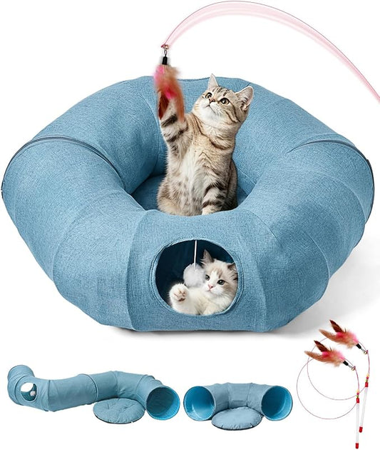 Odoland Linen Cat Tunnels with Central Cat Bed, Interactive Cat Toys Detachable Washable Soft Mat Large Indoor Play Tunnel Cave for Kittens and Small Animals by Odoland