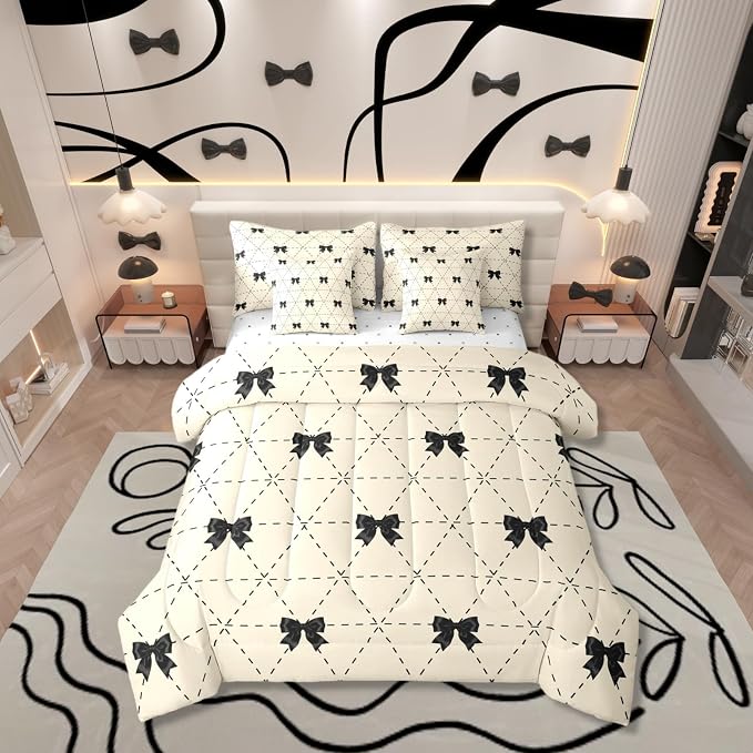 Erosebridal Black Bow 7 Piece Comforter Set Twin for Kids Bedroom | Modern Bow Tie Bedding Set for Girls Coquette Bows Comforter with Sheets Girly Bowknot Striped Geometric Soft Warm Quilt Duvet by Erosebridal