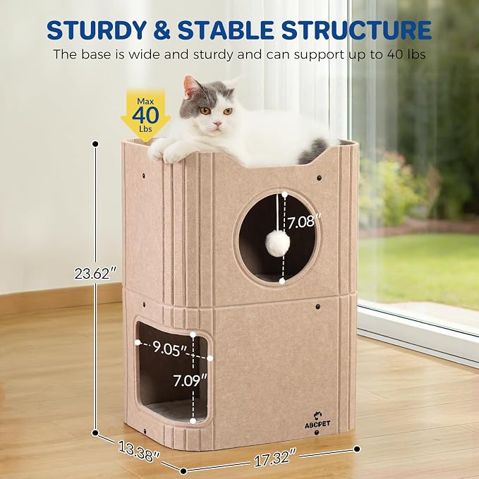 ABCPET Cat House for Indoor Cats, Cat Condo Cat Bed Cave, Felt Cats Hideaway Condo with Resistant Scratching Freedom Kitten Cube & Hanging Ball, Beige - Image 6