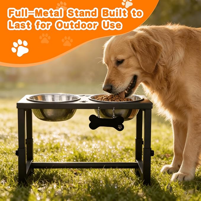 Elevated Dog Bowls, 4 Height Adjustable Metal Raised Bowl Stand with 2 Thick Stainless Steel Food Bowls & Spill-Proof Mat, Adjusts to 13.6'', 12.2'', 10.9'', 9.5'' for Large/Medium Breeds. Black - Image 3