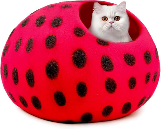 Woolygon Premium Felt Cat Cave Bed – Wool Kitty Beds Handcrafted Kitten Caves Bed for Indoor Cats - Made from Merino Wool, Foldable Cat Hideaway Covered Cat House Pod (Red Polka) by Woolygon