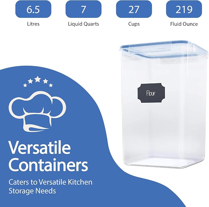 Chef's Path Extra Large Airtight Food Storage Containers with Blue Lid Color, Pack of 6, Kitchen and Pantry Canisters for Flour, Sugar, and Baking Supplies, Includes Measuring Spoons, Labels, and Pen - Image 2