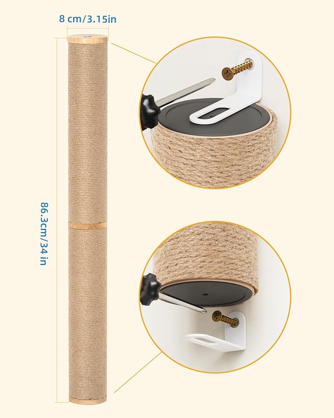 Aechonow 34" Cat Scratching Post, Wood Wall Mounted Cat Scratcher for Cats | Cat Wall Scratcher,Cat Wall Furniture for Indoor Cats,Cat Wall Wood Climber, Natural Sisal,Tall & Sturdy Corner Climbing Pole - Image 6