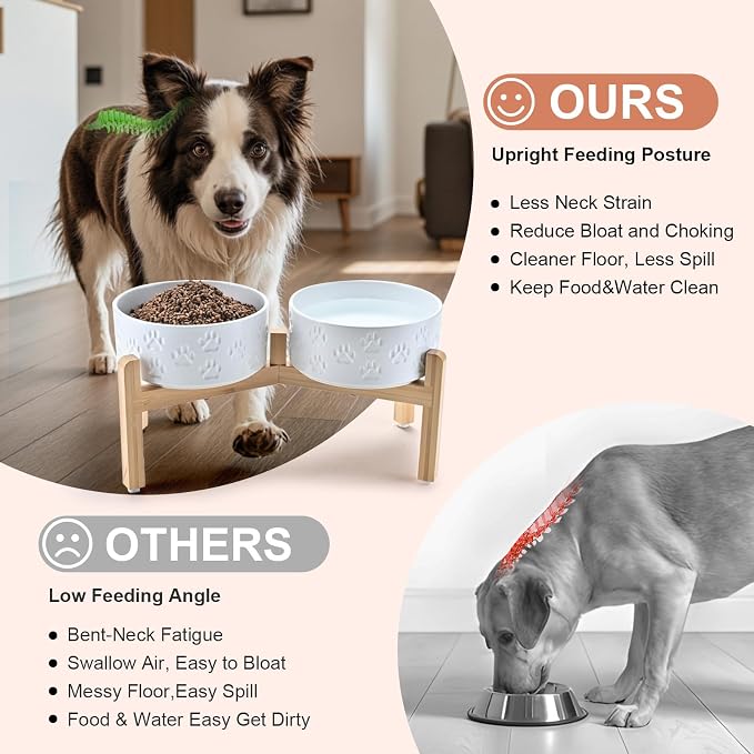 SPUNKYJUNKY Elevated Dog Bowls Ceramic, 7.3'' Dogs Food Water Bowls Raised with Non-Slip Bamboo Stand for Medium to Large Sized Breed Microwave Dishwasher Safe - 42 OZ,Paw White - Image 3