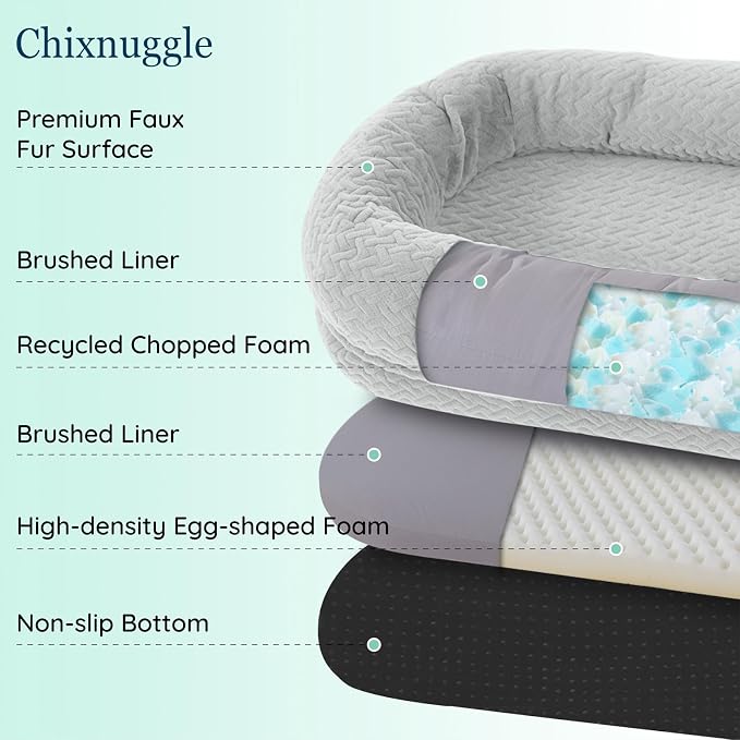 ChiXnuggle Orthopedic Human Dog Bed,with Faux Fur Washable Cover,Blanket | light grey,72*40*10,giant dog bed for adult or extra large dogs,egg crate foam,non-slip bottom - Image 3