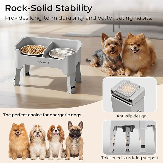 URPOWER Mess Proof Elevated Dog Bowls for Small Dogs with Splash Guard | 4 Height Adjustable Raised Stand with 2 Stainless Steel Food Bowls & Licking Plate for Small, Medium & Large Dogs - Image 6