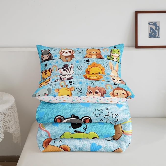 Manfei Cartoon Zoo Animals Kids Comforter Set,Cute Bear Lion Squirrel Elephant Duvet Set for Room Decor,Kawaii Love Print Blue Brushed Microfiber Soft Quilt Cover,Full Size 3 PCS - Image 5