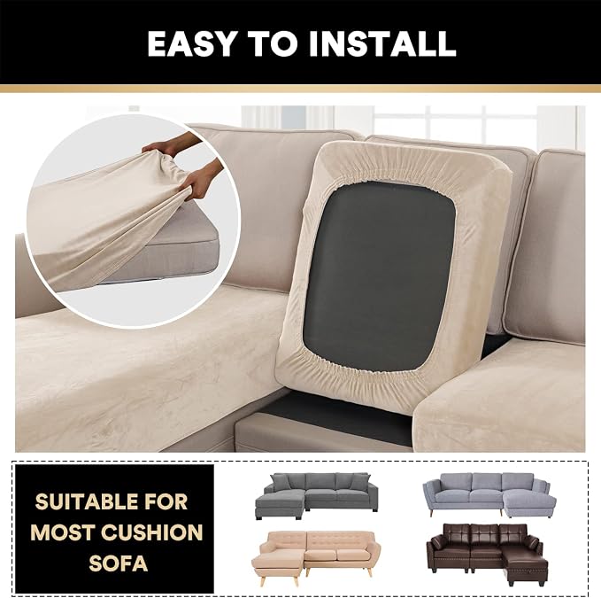 PrinceDeco Sectional Couch Covers 3 Pieces Velvet Sofa Covers L Shape Soft Couch Covers for Sectional Sofa Corner Sofa Cover Couch Cover for Dogs Washable (2 Seater + 1 Chaise,Ivory) - Image 6