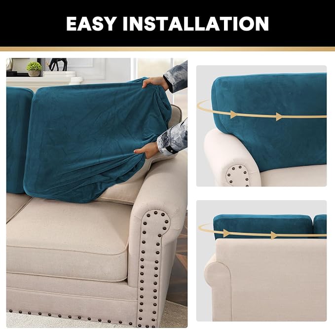 PrinceDeco Sectional Couch Covers Velvet Cushion Covers for Sectional Couch Washable Cushion Covers for Sectional Sofa Pet Friendly Sectional Sofa Slipcovers(1 Chaise Back+ 3 Sofa Back,Deep Teal) - Image 6