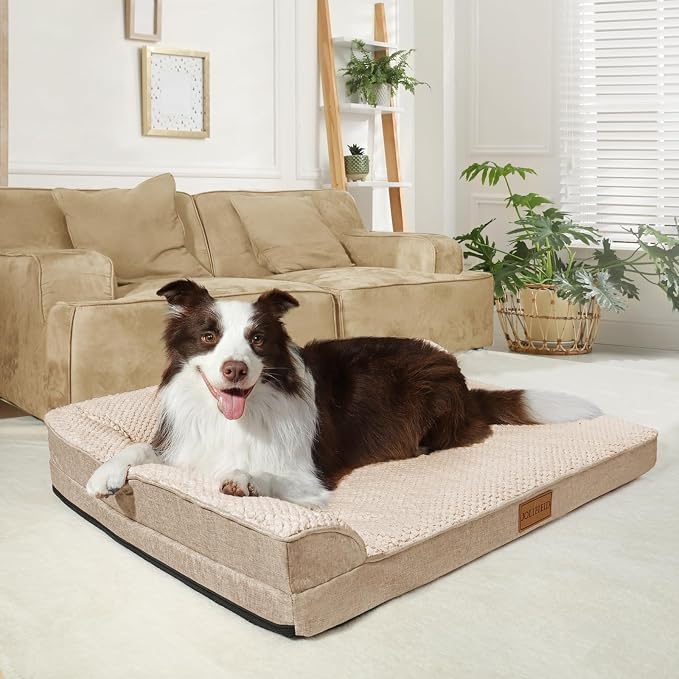 Orthopedic XL Dog Bed Large Sized Dog 42''X28'', Waterproof L Bolster Egg Crate Foam Big Pet Crate Beds with Washable Removable Cover, Non-Slip Soft Pet Couch Sleep Mat, Ivory - Image 2