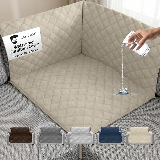 Sofa Shield 100% Waterproof Couch Cover with Patented Straps, Slip and Stain Resistant, Machine Washable Sofa Slipcover for Dogs Cats Pets Kids, 30x30 inch Seat, Sectional Corner, Taupe by SofaShield